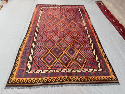 6'3" x 10'5" ft Afghan Hand Woven Vintage Kilim Rug, One-of-a-Kind Large Area, Maimana Design, Bold Tribal Fla