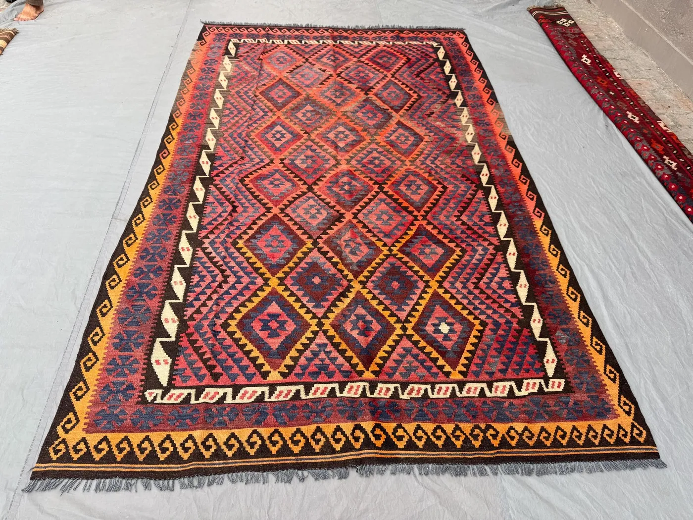 6'3" x 10'5" ft Afghan Hand Woven Vintage Kilim Rug, One-of-a-Kind Large Area, Maimana Design, Bold Tribal Flat Weave