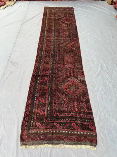 Afghan Hand-Knotted Vintage Low-Pile Distressed Runner – 2.11 x 12.4 ft One of a Kind Balochi Design Large Are
