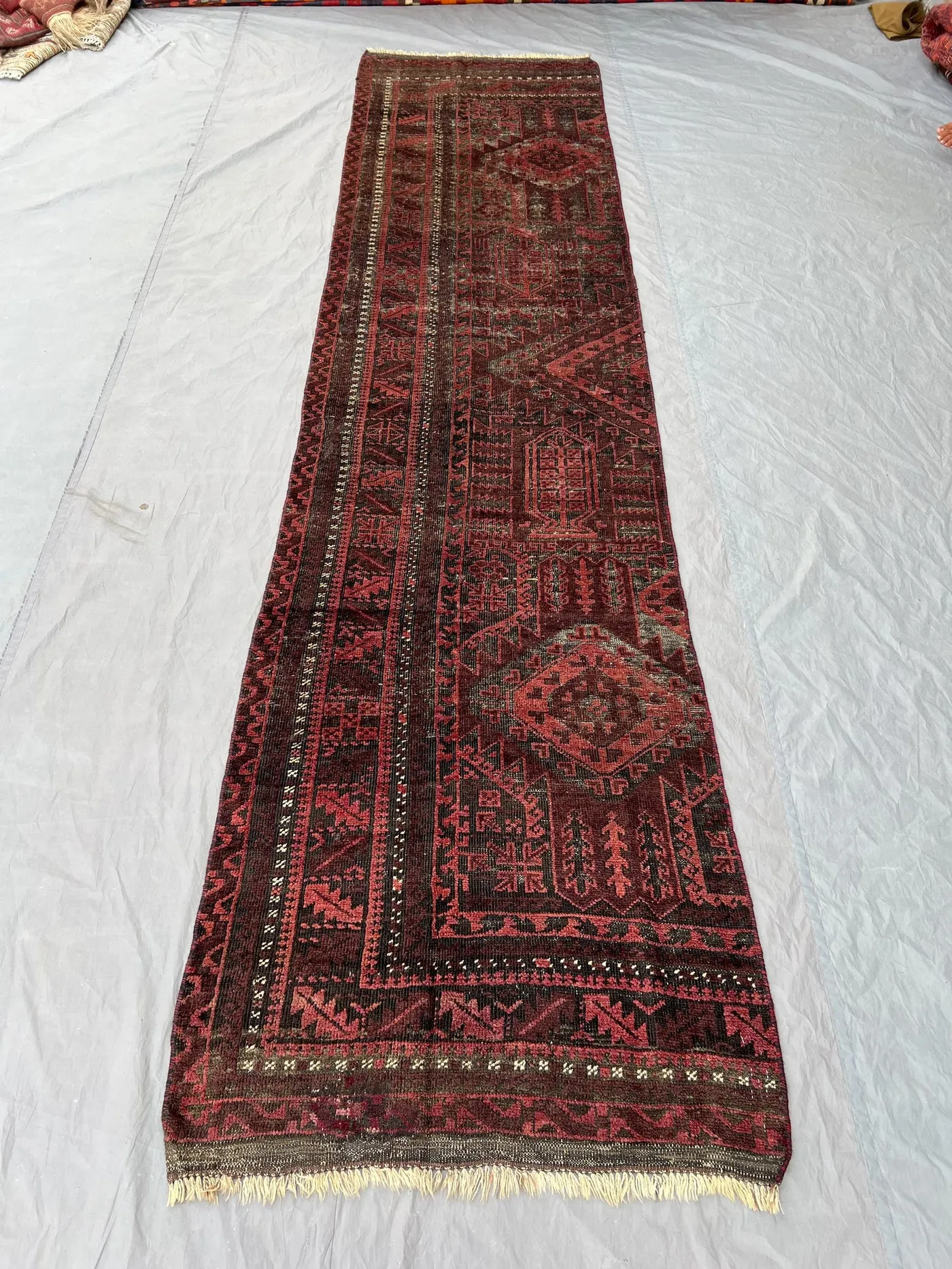 Afghan Hand-Knotted Vintage Low-Pile Distressed Runner – 2.11 x 12.4 ft One of a Kind Balochi Design Large Area Rug | Hallway & Entryway rug