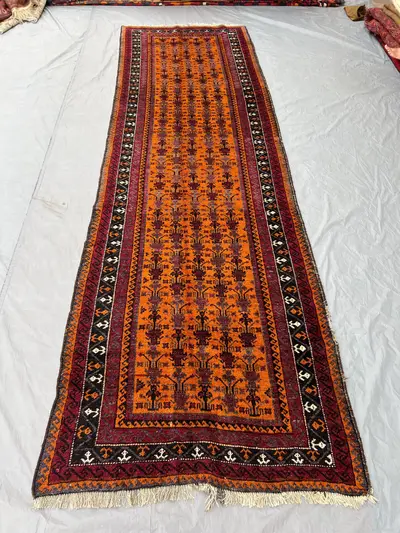 Vintage Afghan Hand-Knotted Soft Runner Rug, 3'10" x 12'9", Nomadic Hallway Rug, Rich Orange & Red, Geometric 