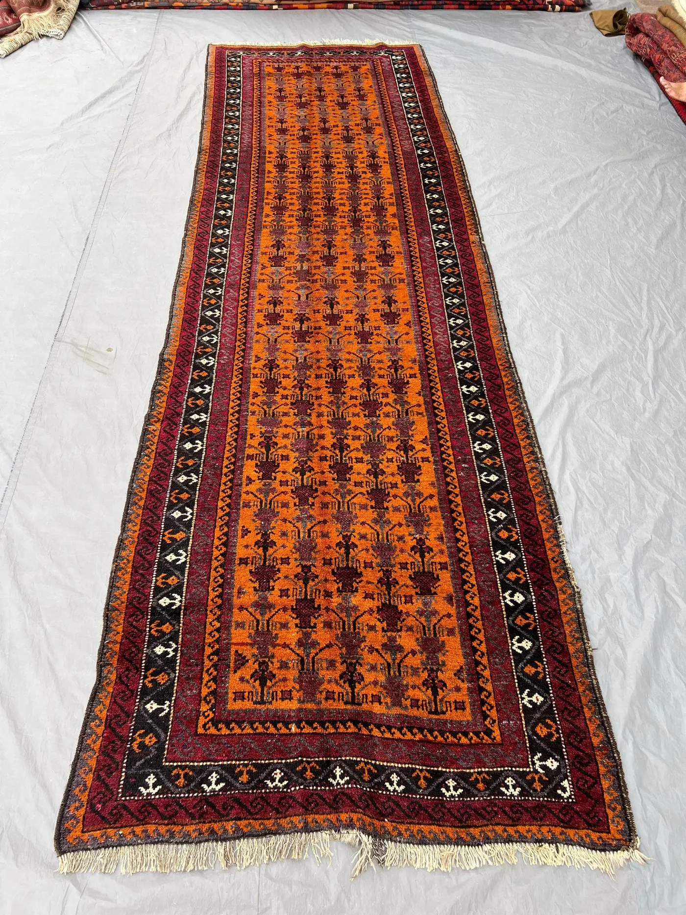 Vintage Afghan Hand-Knotted Soft Runner Rug, 3'10" x 12'9", Nomadic Hallway Rug, Rich Orange & Red, Geometric Design, Wool Rug, Entryway Rug