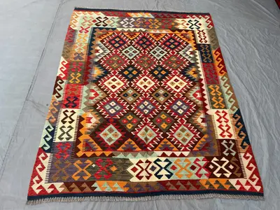 Afghan Hand-Woven Modern Flat Weave Kilim - 5 x 7 ft Colorful Faryab Design One of a Kind Unique Bohemian Deco