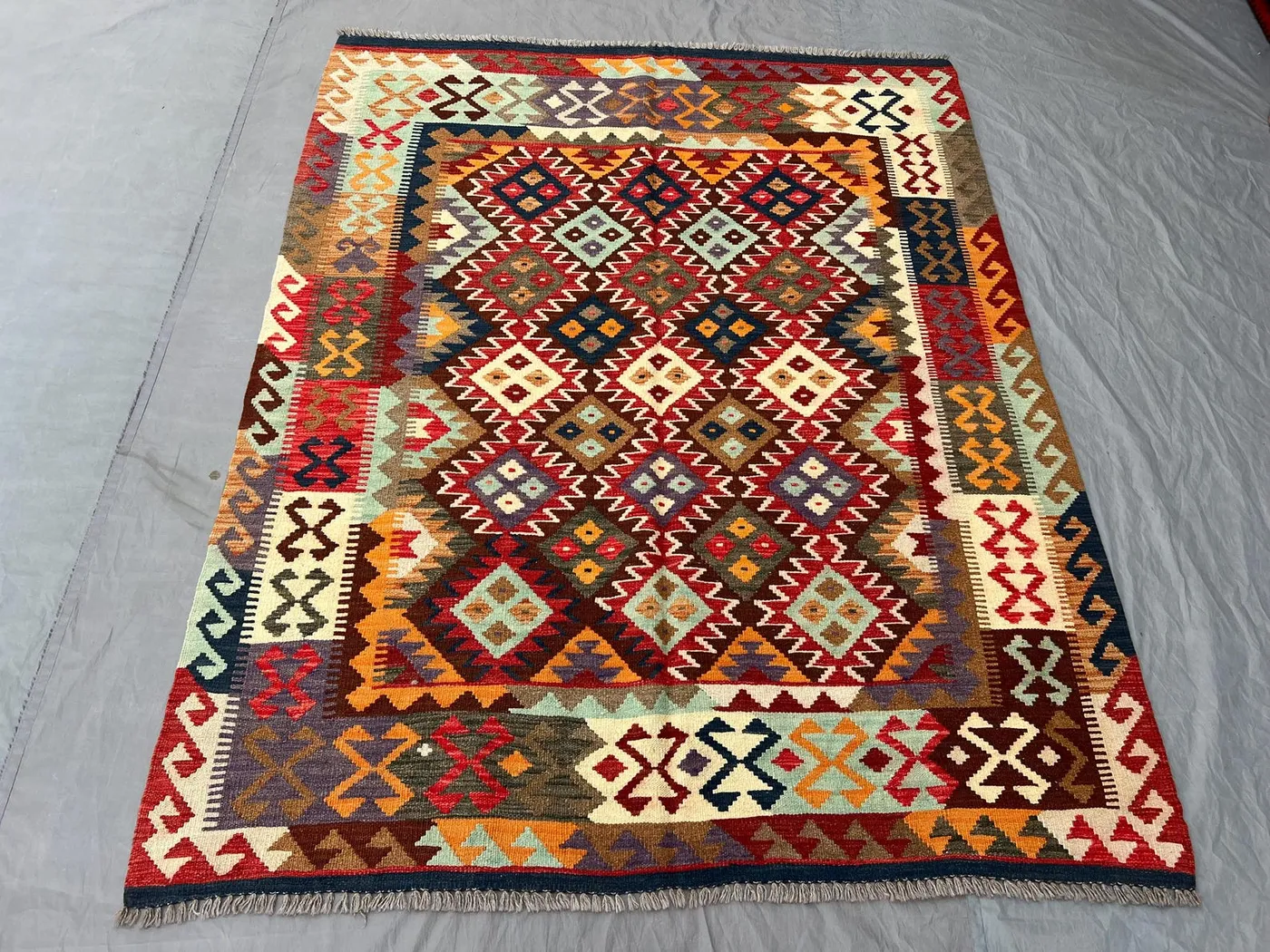 Afghan Hand-Woven Modern Flat Weave Kilim - 5 x 7 ft Colorful Faryab Design One of a Kind Unique Bohemian Decor | Living room rug