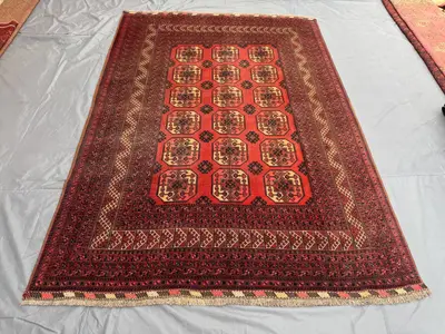 7x10 Antique Turkmen Bukhara Rug, Afghan Hand Knotted Tribal Wool Area Rug, Geometric Pattern, Terracotta Vint