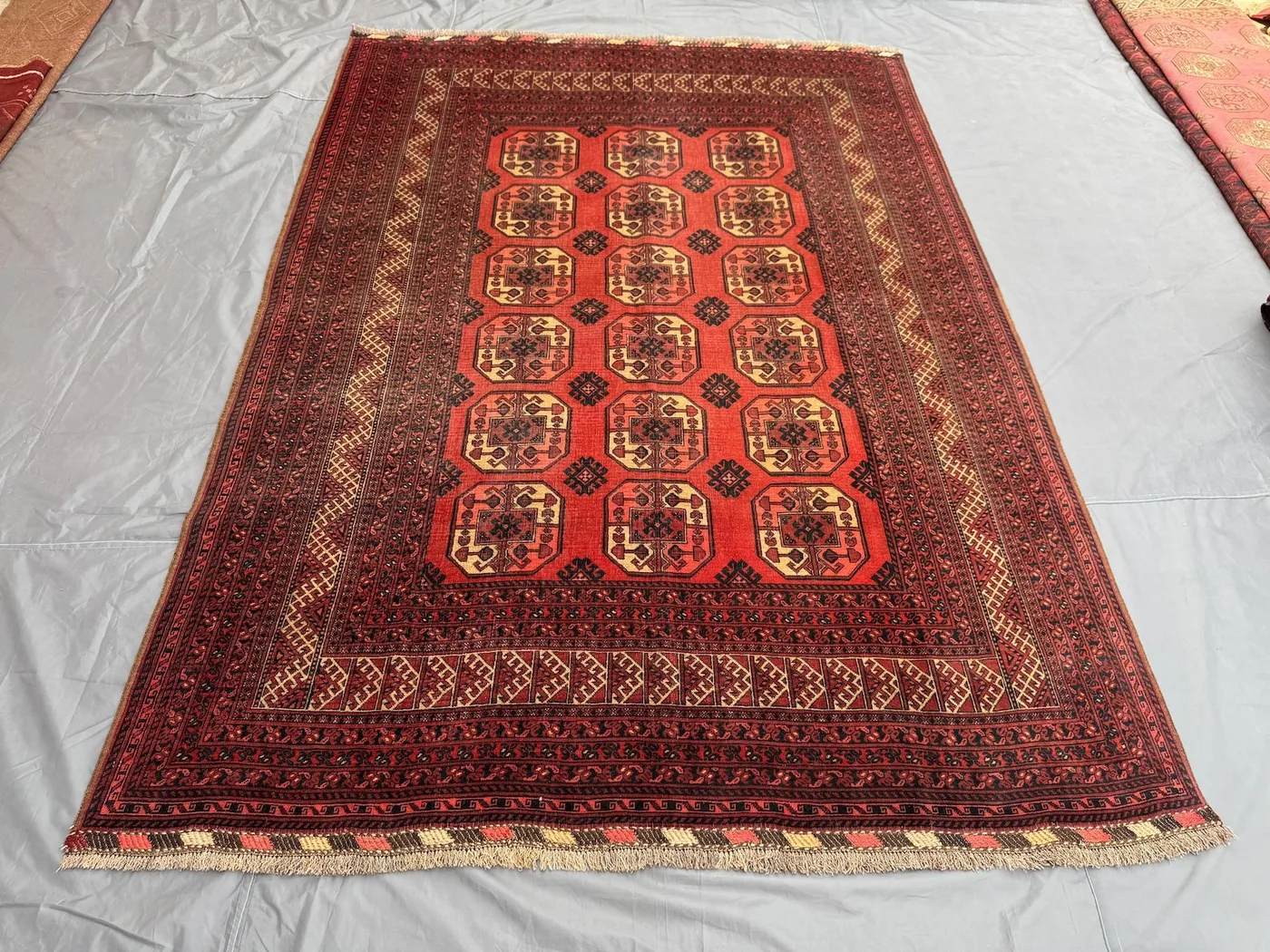 7x10 Antique Turkmen Bukhara Rug, Afghan Hand Knotted Tribal Wool Area Rug, Geometric Pattern, Terracotta Vintage Carpet, Living Room rug