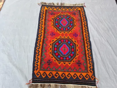3 x 5 ft Afghan Hand-Woven Vintage Kilim One-of-a-Kind Maimana Design Flat-Weave Wool Handcrafted Bohemian Dec