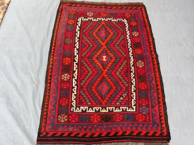 3'3" x 4'6" ft vintage Afghan Hand-Woven Kilim Rug, Rare One-of-a-Kind Maimana Design, Rich Red & Blue Colors