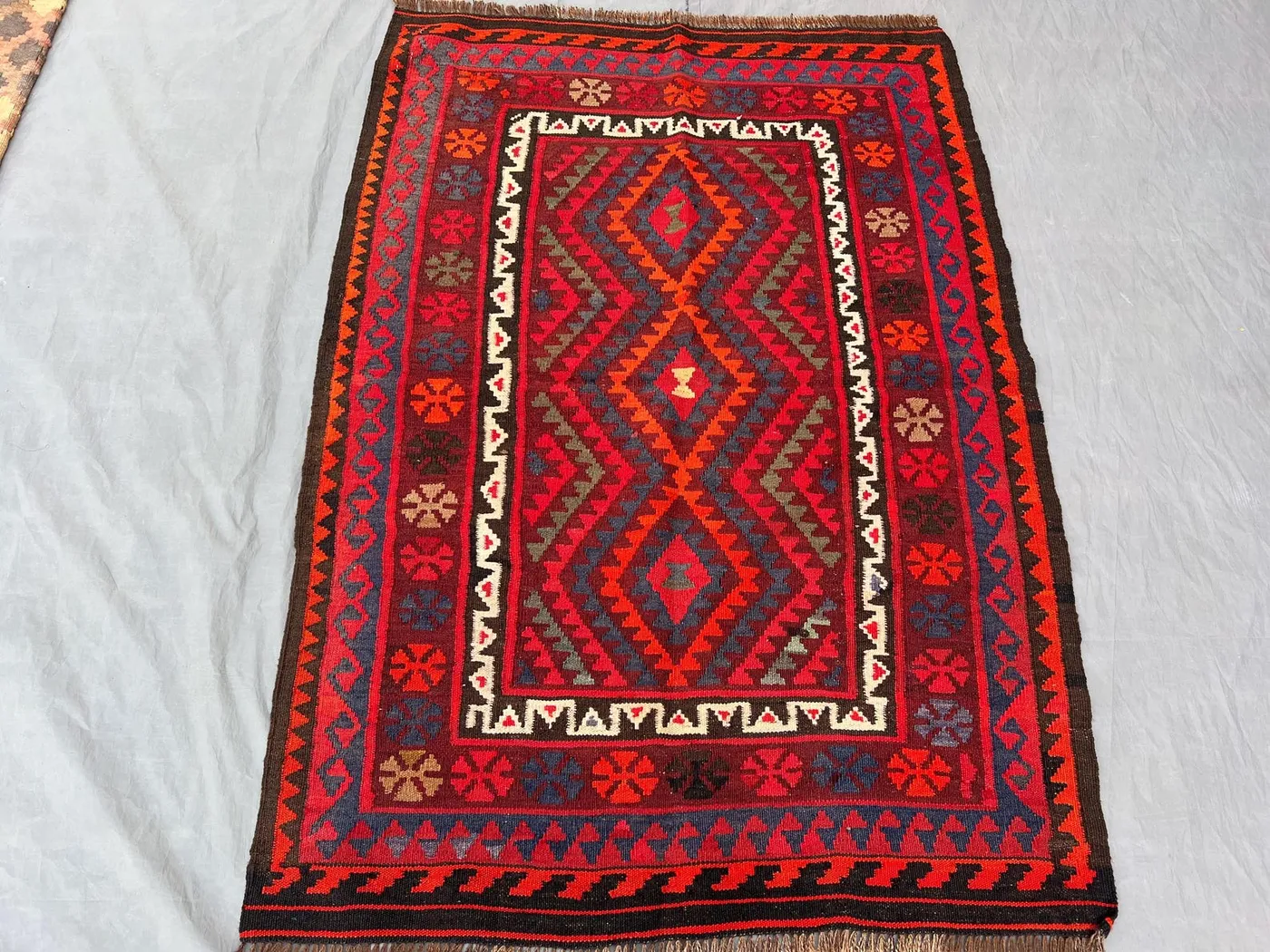 3'3" x 4'6" ft vintage Afghan Hand-Woven Kilim Rug, Rare One-of-a-Kind Maimana Design, Rich Red & Blue Colors