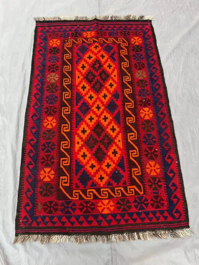 3 x 5 ft Vintage Afghan Hand-Woven Kilim Rare One-of-a-Kind Maimana Design Vibrant Red & Orange Colors | Livin