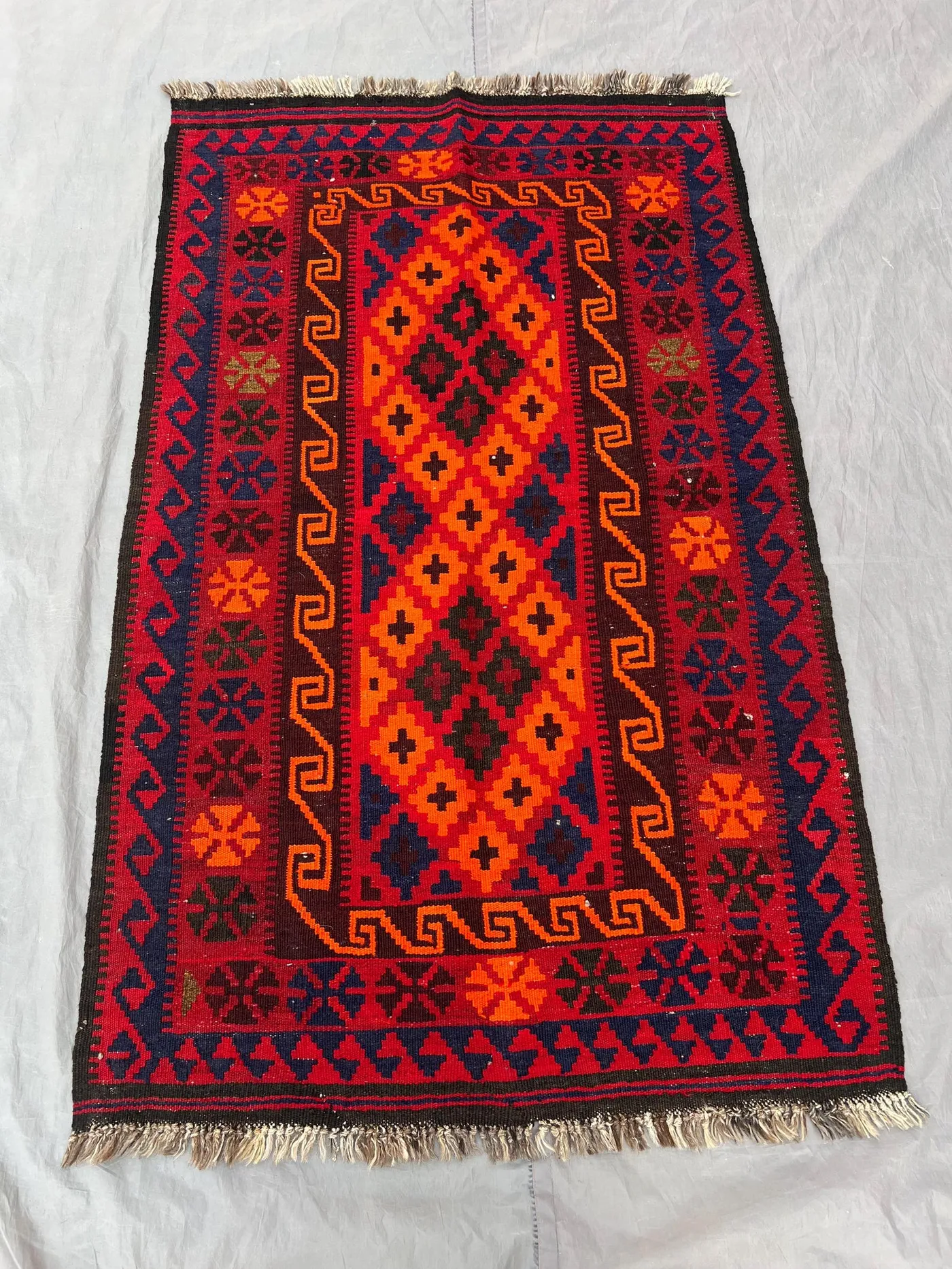 3 x 5 ft Vintage Afghan Hand-Woven Kilim Rare One-of-a-Kind Maimana Design Vibrant Red & Orange Colors | Living room or entryway decor