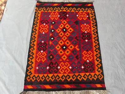3'3" x 4'9" Afghan Hand Woven Vintage Kilim Rug, One-of-a-Kind Small Area Rug, Maimana Design, Vibrant Red & B