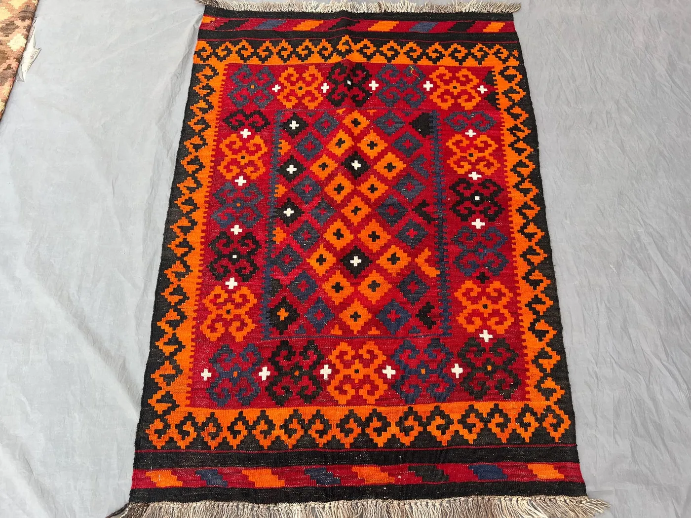3'3" x 4'9" Afghan Hand Woven Vintage Kilim Rug, One-of-a-Kind Small Area Rug, Maimana Design, Vibrant Red & Blue, Unique Home Decor