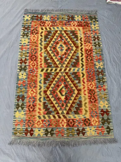 3 x 5 ft Colorful Afghan Kilim Hand Woven Modern Flat-Weave One-of-a-Kind Maimana Design Soft Wool Pile Perfec