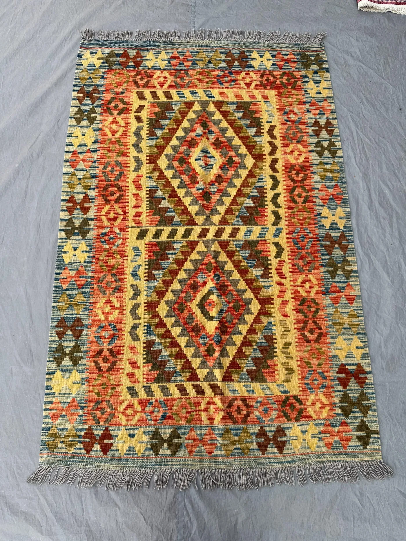 3 x 5 ft Colorful Afghan Kilim Hand Woven Modern Flat-Weave One-of-a-Kind Maimana Design Soft Wool Pile Perfect for Living Room or Bedroom