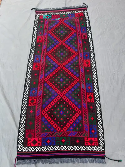 2'7 x 6'6 Vintage Afghan Hand-Woven Kilim Rare One-of-a-Kind Maimana Design Bold Red, Blue & Green Colors | Li