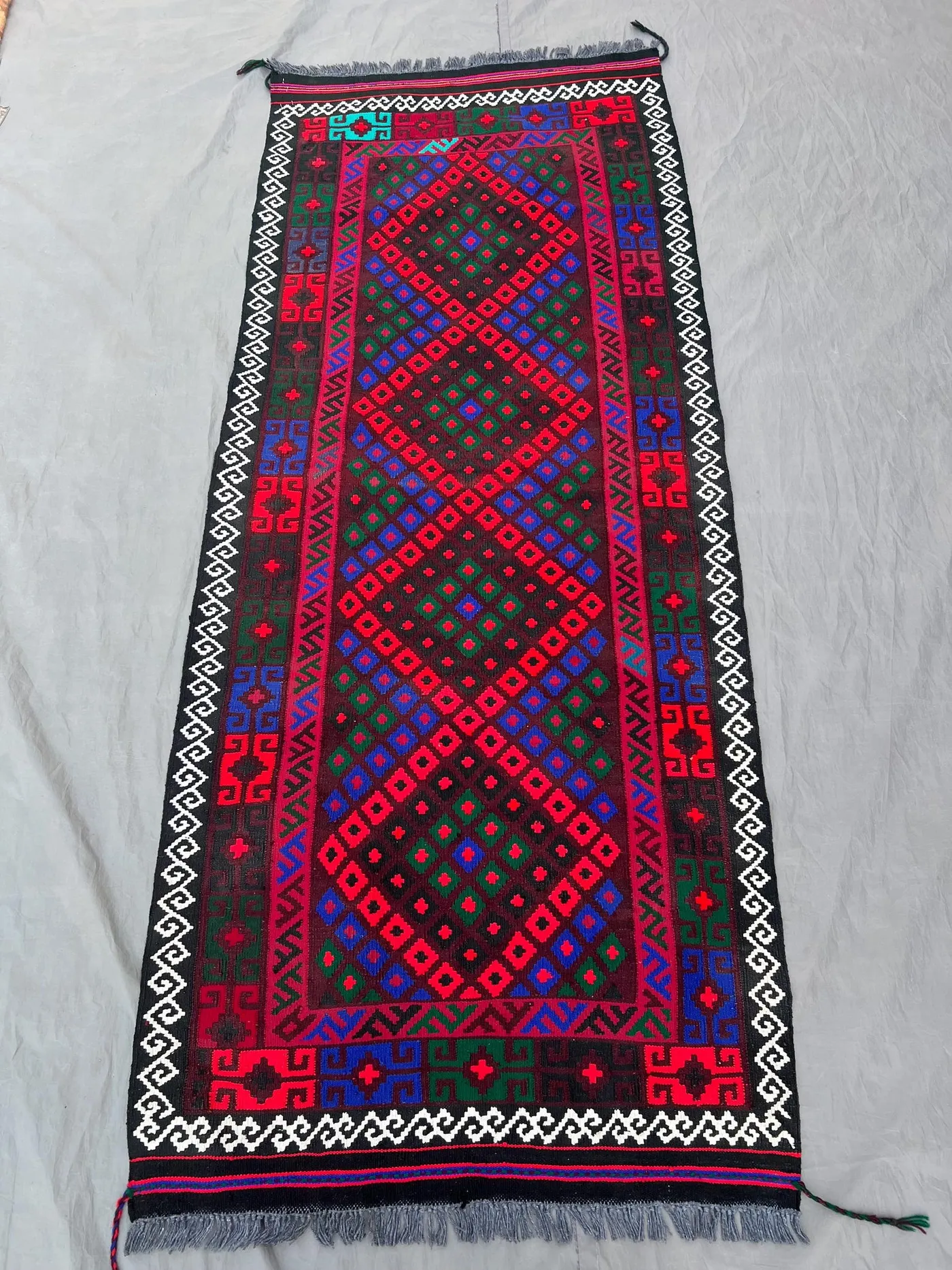 2'7 x 6'6 Vintage Afghan Hand-Woven Kilim Rare One-of-a-Kind Maimana Design Bold Red, Blue & Green Colors | Living room or Farmhouse decor