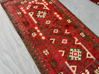 4 x 7 ft Afghan Hand Woven Vintage Flat Weave Kilim Zanjiri Gul Design One-of-a-Kind Maimana Tribal Piece | En