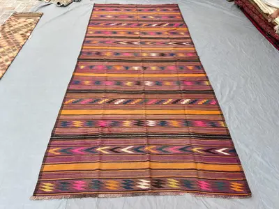 6 x 12 ft Afghan Hand-Woven Vintage Kilim One-of-a-Kind Large Area Rug, Maimana Design, Bold Geometric Pattern