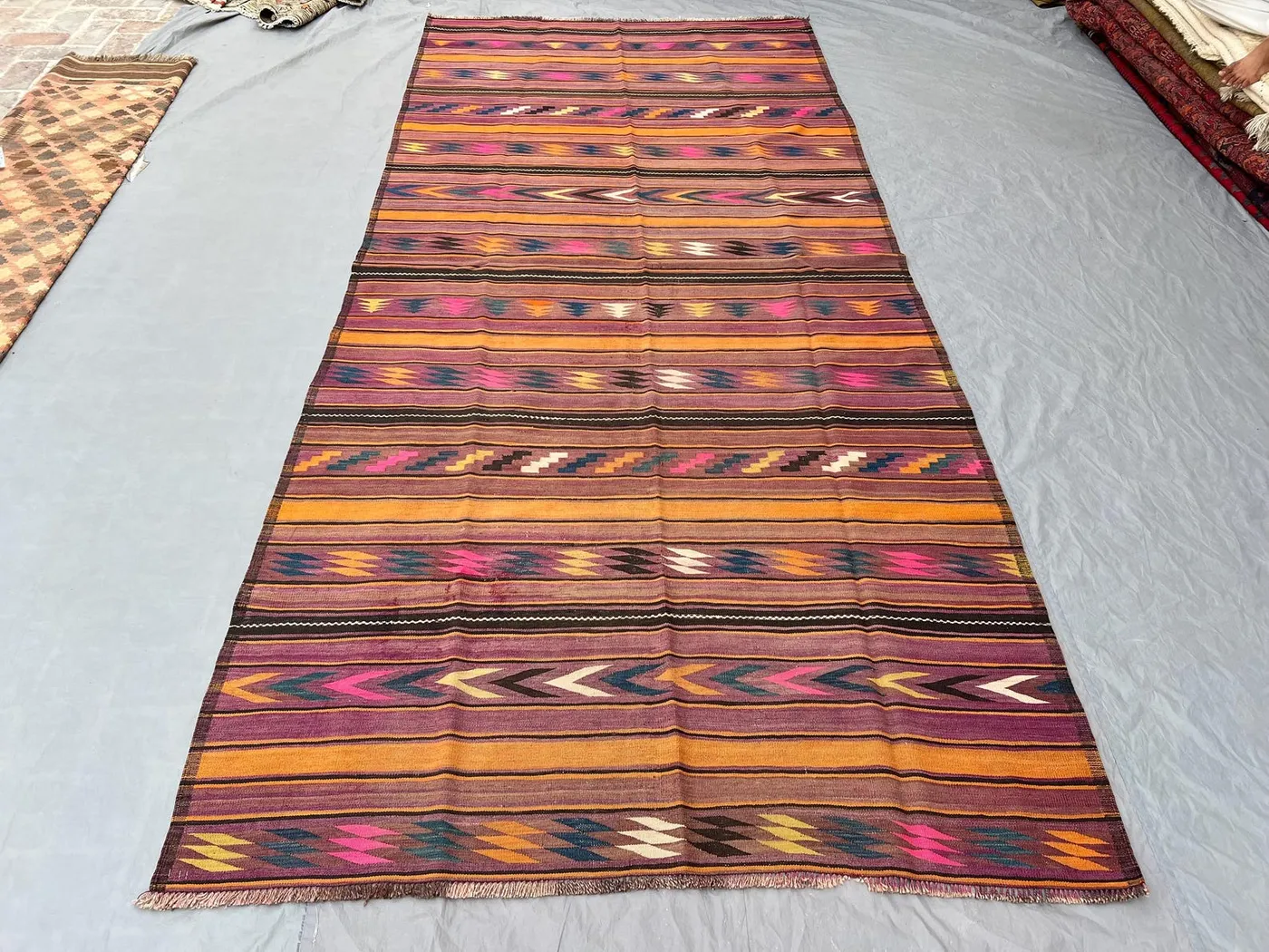 6 x 12 ft Afghan Hand-Woven Vintage Kilim One-of-a-Kind Large Area Rug, Maimana Design, Bold Geometric Patterns | large living room rug