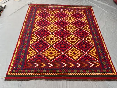 Afghan Hand-Woven Vintage Kilim | 6.6 x 7.10 ft (200 x 230 cm) | Unique Maldari Design | Flat Weave One-of-a-K