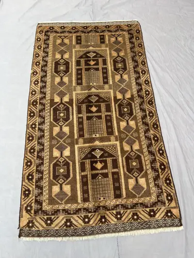 Afghan Hand-Knotted Vintage Rug | 4 x 7 ft (115 x 210 cm) | One-of-a-Kind Terracotta Color Faded Balochi Desig