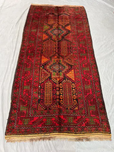 Vintage Afghan Hand-Knotted Baluchi Rug, Rare Design, 4'1" x 8'4", Red, Orange & Green, Fine Wool, Geometric P