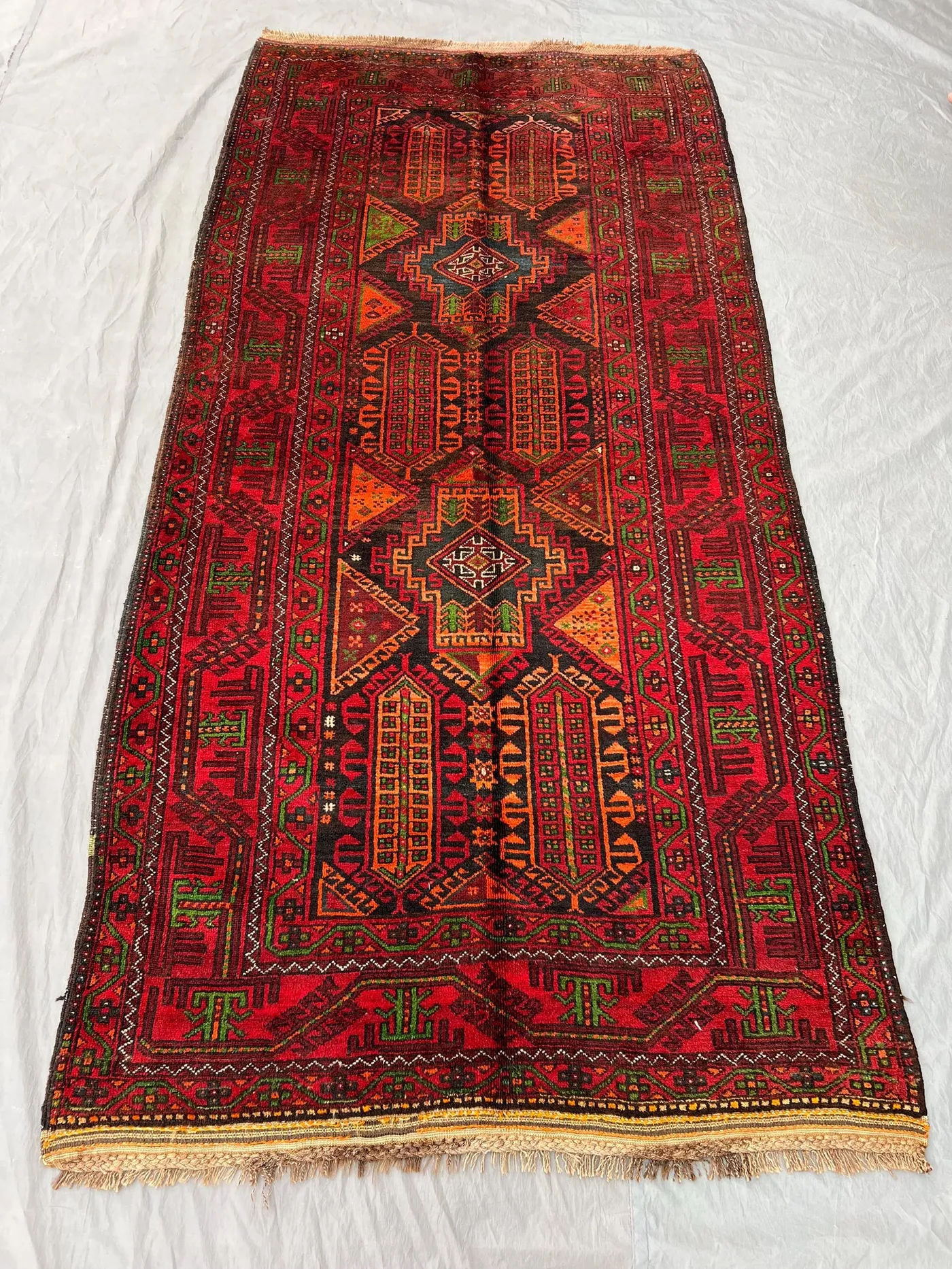 Vintage Afghan Hand-Knotted Baluchi Rug, Rare Design, 4'1" x 8'4", Red, Orange & Green, Fine Wool, Geometric Pattern, Oriental Decor Rug