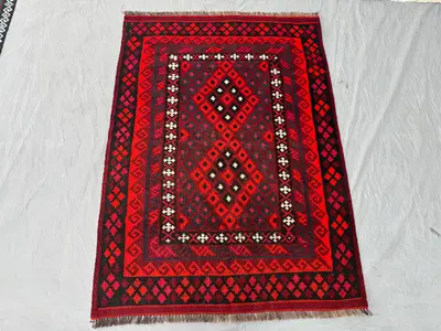 3'5 x 4'8 ft Afghan Handwoven Vintage Flat-Weave Kilim One-of-a-Kind Zanjiri Design Maimana Style Rich Red & B