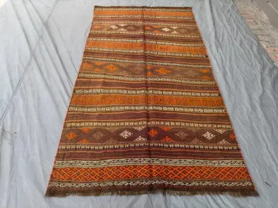 5 x 9 ft Afghan Handwoven Vintage Flat-Weave Kilim One-of-a-Kind Large Area Kilim Sumak Balochi Design Rich Br