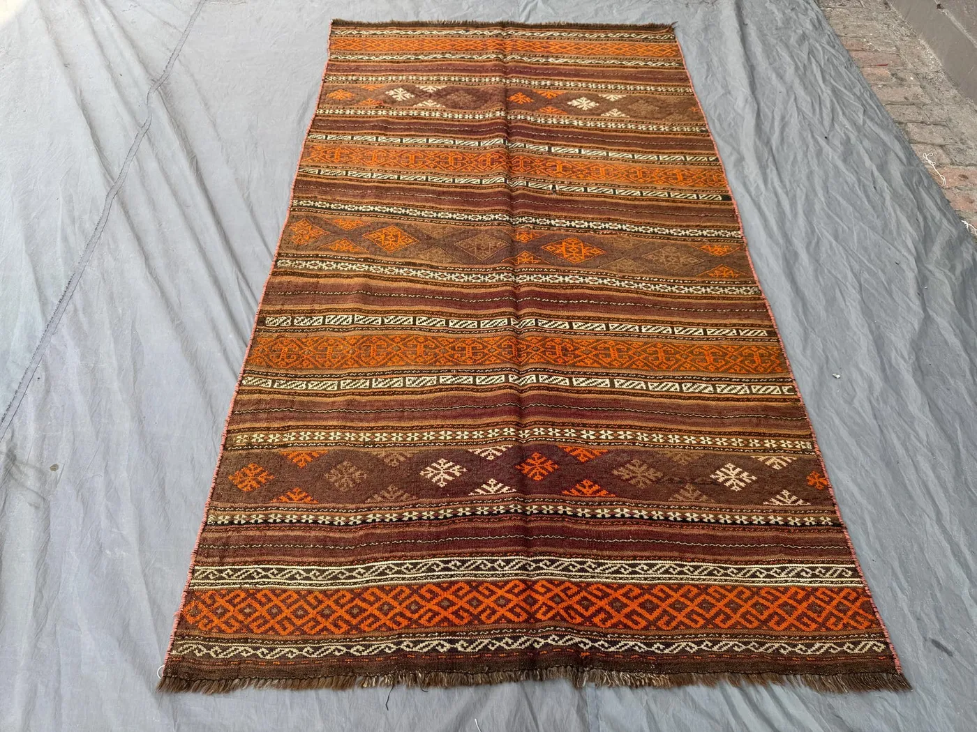 5 x 9 ft Afghan Handwoven Vintage Flat-Weave Kilim One-of-a-Kind Large Area Kilim Sumak Balochi Design Rich Brown & Orange Wool