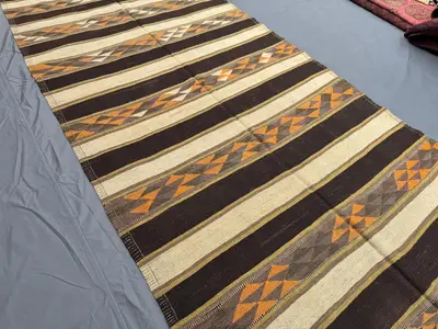 5' x 11'2" Vintage Flat Weave Kilim Wide Runner Rug, Geometric Pattern, Tribal Design, Soft Wool, Warm Tones H