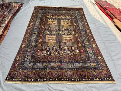 Blue & Green Rare Afghan Hand‑Knotted Vintage Rug, Pictorial Man Print Balochi Design Wool 6'4" × 9'10" | Livi