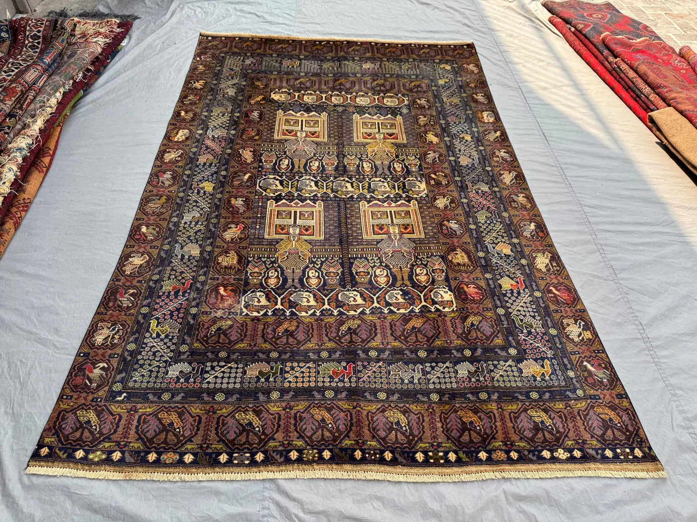 Blue & Green Rare Afghan Hand‑Knotted Vintage Rug, Pictorial Man Print Balochi Design Wool 6'4" × 9'10" | Living room decor rug