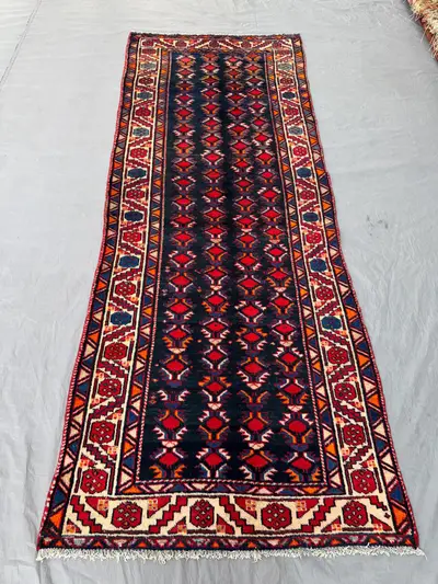 4 x 9 ft Breathtaking Afghan Hand-Knotted Vintage Runner Rug Bold Balochi Gul Design Rich Red & Blue Wool Mast