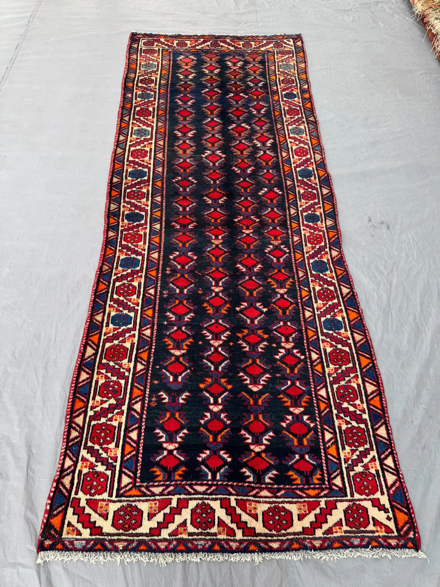 4 x 9 ft Breathtaking Afghan Hand-Knotted Vintage Runner Rug Bold Balochi Gul Design Rich Red & Blue Wool Masterpiece | Living room decor