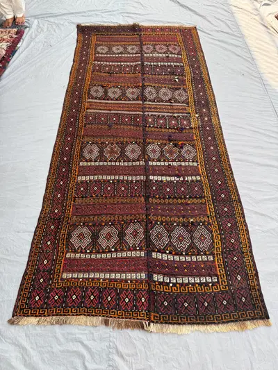 5 x 11 ft Deep Red Afghan Vintage Kilim Handwoven Sumak Tribal Flat Weave Large Boho Living Room Area Rug | En