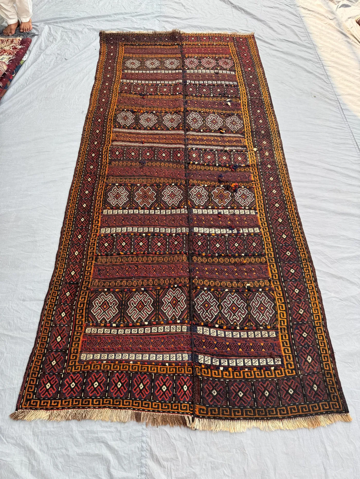 5 x 11 ft Deep Red Afghan Vintage Kilim Handwoven Sumak Tribal Flat Weave Large Boho Living Room Area Rug | Entryway & Living room decor