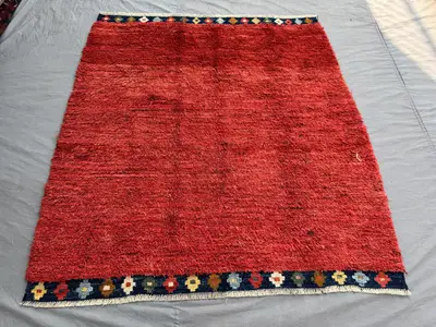 5.8 x 6.2 ft Red Afghan Vintage Hand Knotted Rug Full Pile Square Balochi Moss Style Tribal Floral Border Soft