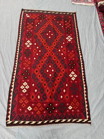 3 x 6 ft Afghan Hand Woven Vintage Flat Weave Kilim One-of-a-Kind Maimana Design Unique Tribal Rug | Entryway 