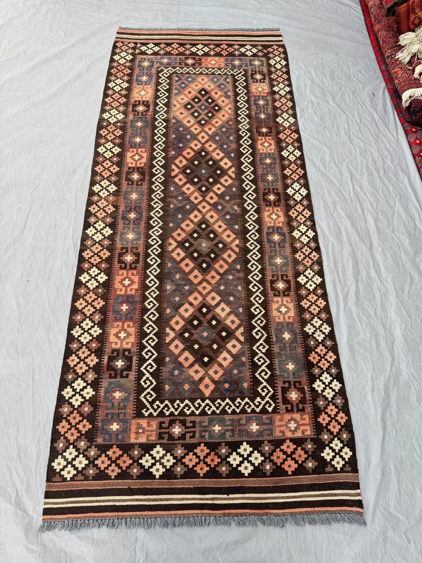Vintage Afghan Hand-Woven Kilim 3.4 x 8.4 ft One of a Kind Maimana Design Flat Weave Authentic Handmade Wool Rug Geometric Pattern