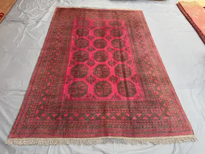 6'4" x 9'3" Vintage Afghan Turkoman Tribal Rug, Soft Wool Geometric Pattern, Rare Area Rug, Red Brown Nomadic 