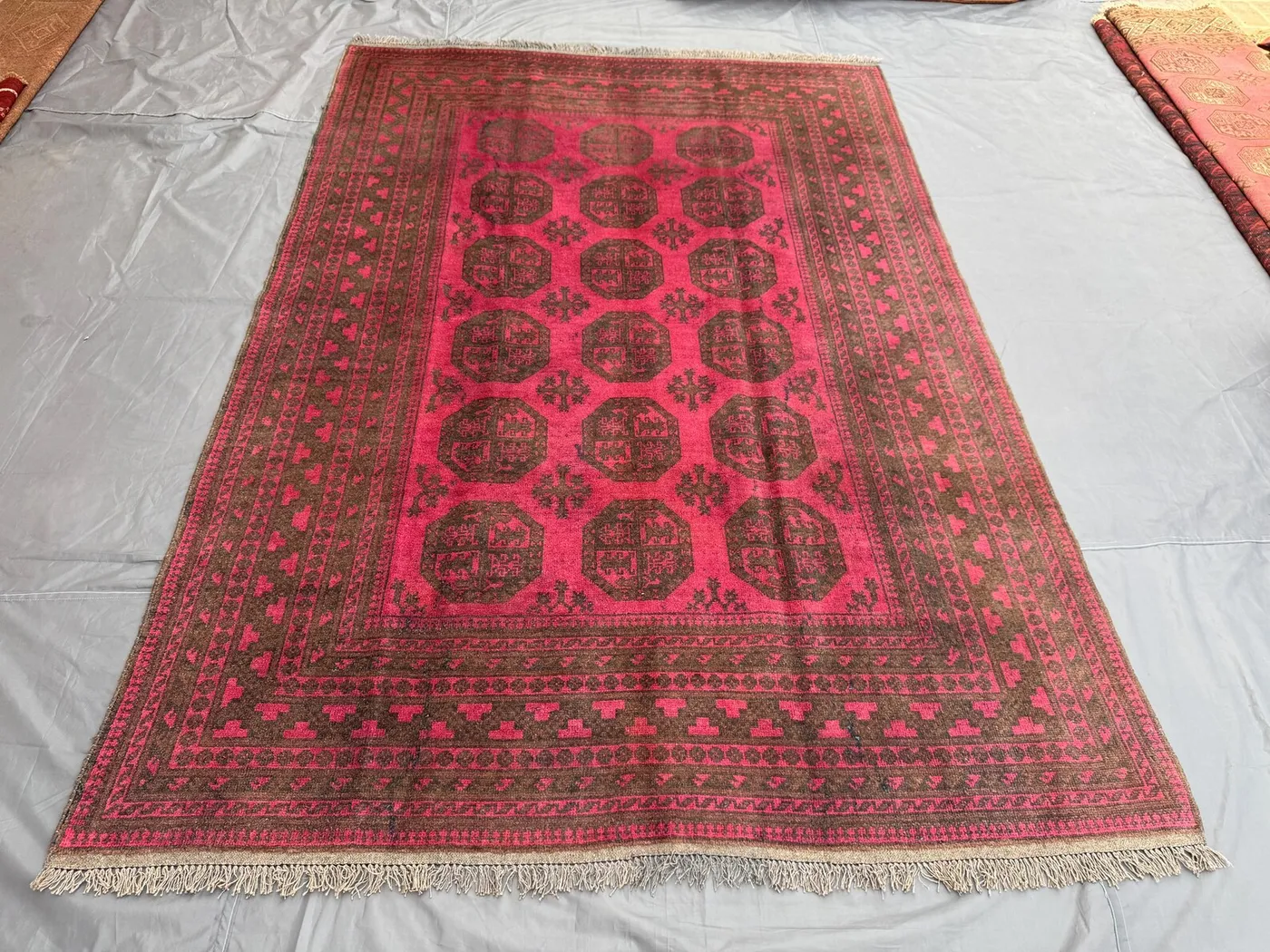 6'4" x 9'3" Vintage Afghan Turkoman Tribal Rug, Soft Wool Geometric Pattern, Rare Area Rug, Red Brown Nomadic Rug, Oriental Living Room Rug