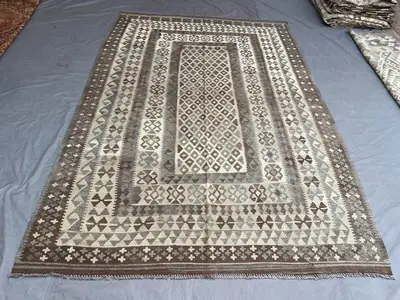 7 x 10 ft Afghan Hand-Woven Vintage Kilim Rug Rare One-of-a-Kind Maimana Design Faded Beige & Gray Colors | Ov