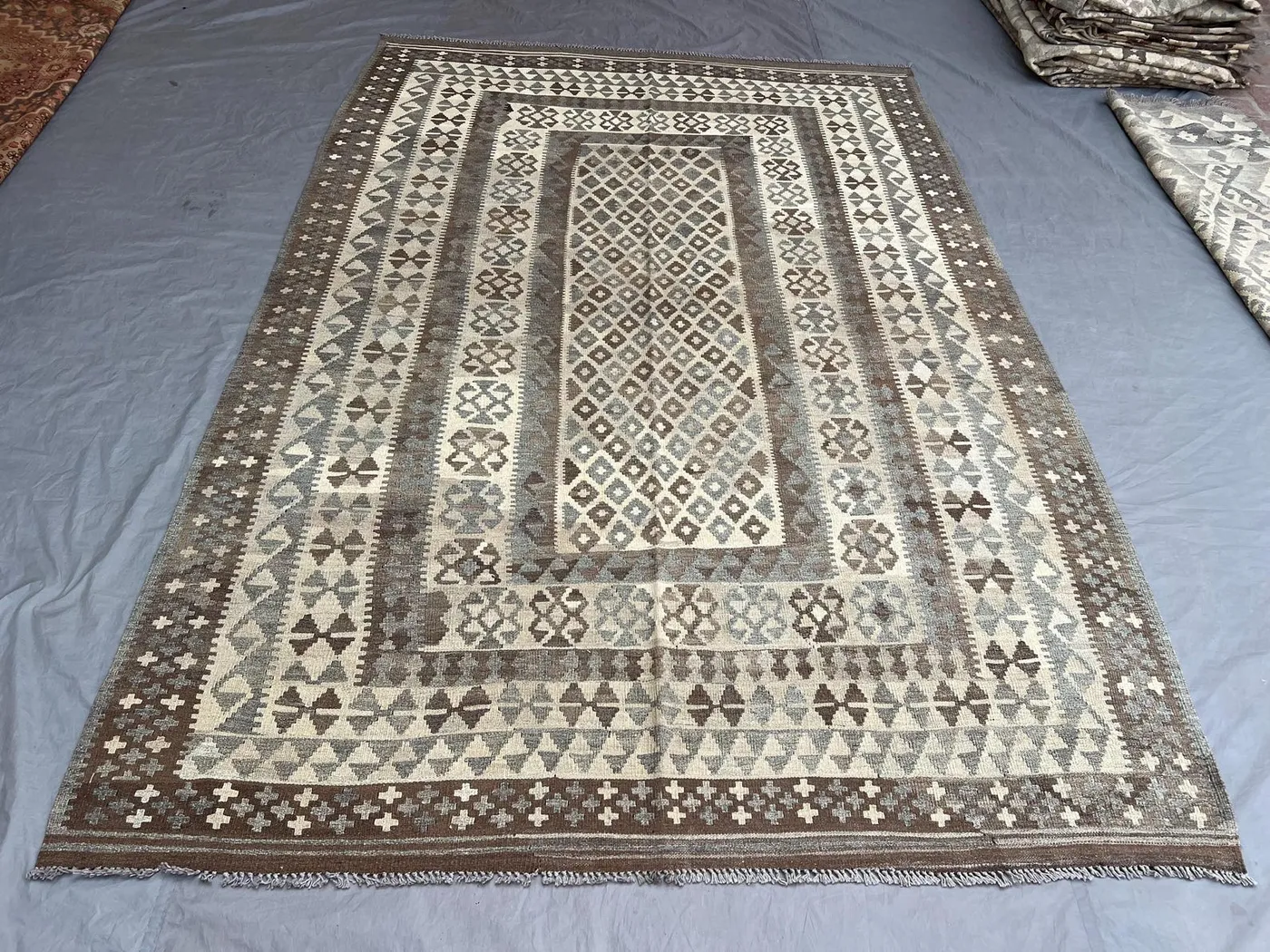 7 x 10 ft Afghan Hand-Woven Vintage Kilim Rug Rare One-of-a-Kind Maimana Design Faded Beige & Gray Colors | Oversize area decor rug