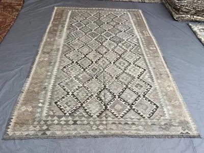 7 x 10 ft Afghan Hand-Woven Vintage Kilim One-of-a-Kind Maimana Design Large Area Rug Faded Gray & Beige | Liv