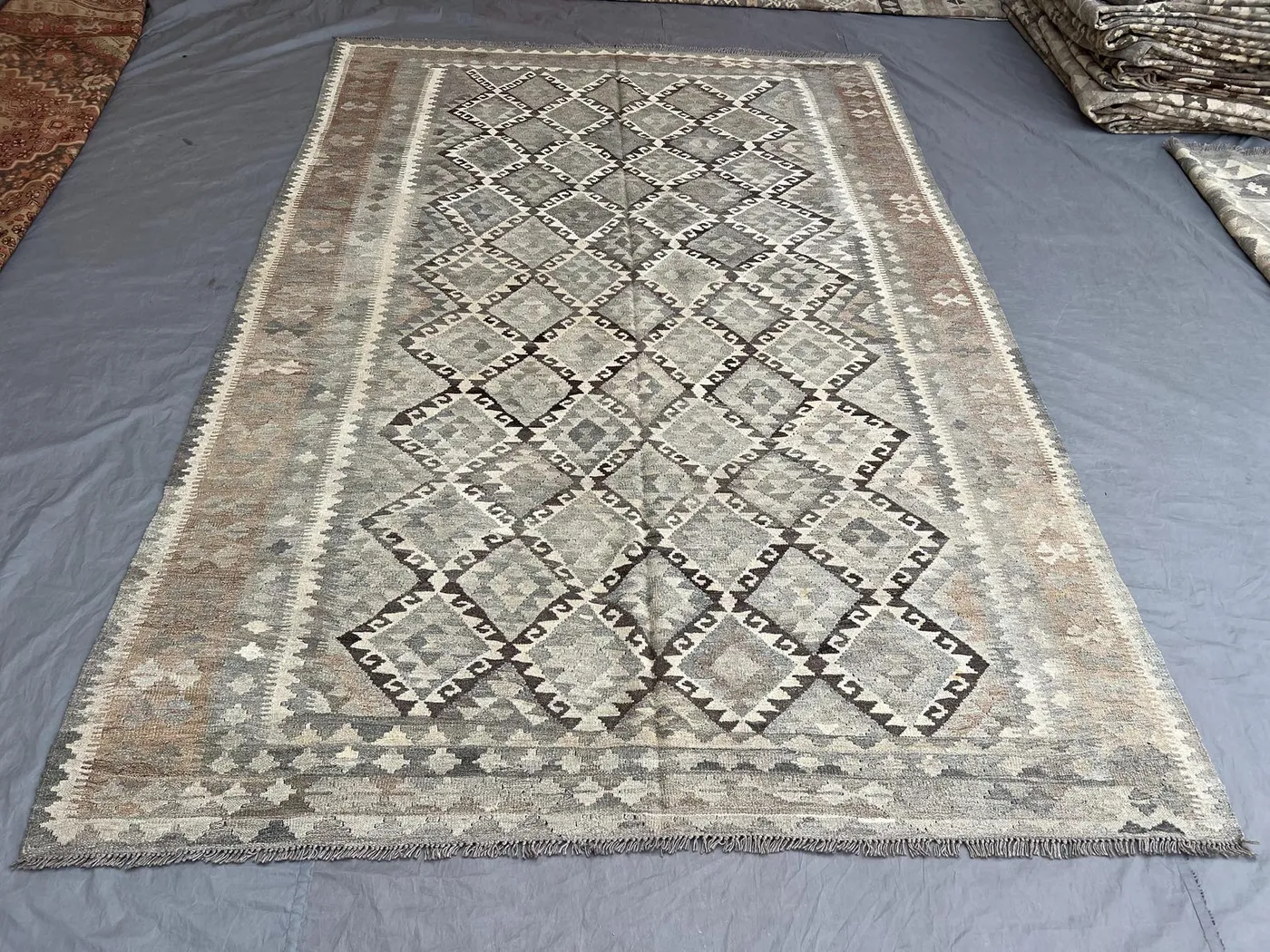 7 x 10 ft Afghan Hand-Woven Vintage Kilim One-of-a-Kind Maimana Design Large Area Rug Faded Gray & Beige | Living room or Bedroom decor rug