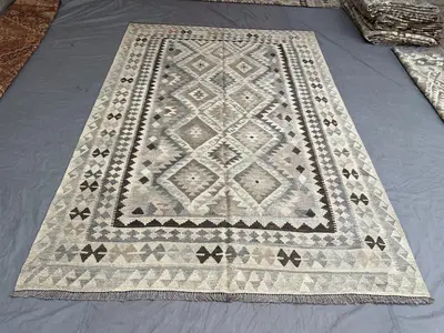 7 x 10 ft Afghan Hand-Woven Vintage Kilim One-of-a-Kind Maimana Design Large Area Rug Faded Gray & Beige | liv