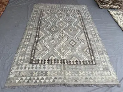 6'4 x 9'7 ft Afghan Hand-Woven Vintage Kilim Rug One-of-a-Kind Faded Maimana Design Large Area Wool Rug | Bedr