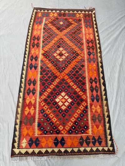 Vintage Afghan Hand-Woven Kilim 4 x 7 ft One of a Kind Maimana Design Flat Weave Geometric Pattern Wool Handma